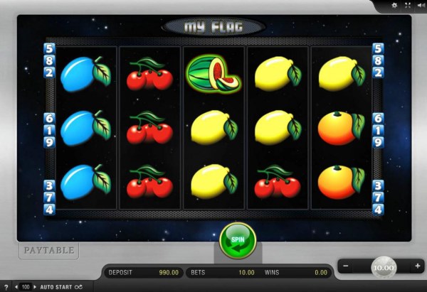A fruit themed main game board featuring five reels and 9 paylines with a $10,000 max payout - Casino Codes