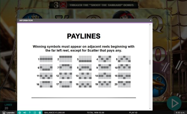 Payline Diagrams 1-20. Winning symbols must appear on adjacent reels beginning with the far left reel, except for scatter that pays any. by Casino Codes