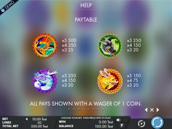 High value slot game symbols paytable featuring four unique dragons. by Casino Codes