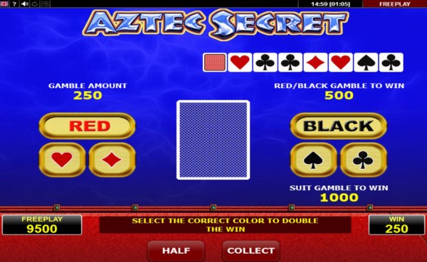 Gamble Feature - To gamble any win press Gamble then select Red or Black or Suit by Casino Codes