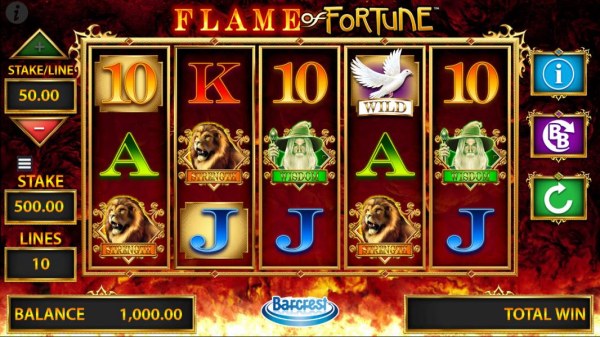 Main game board featuring five reels and 10 paylines with a $500,000 max payout by Casino Codes