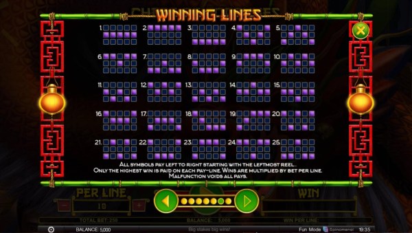 Winning Lines 1-25 - All symbols pay left to right starting with the leftmost reel - Casino Codes