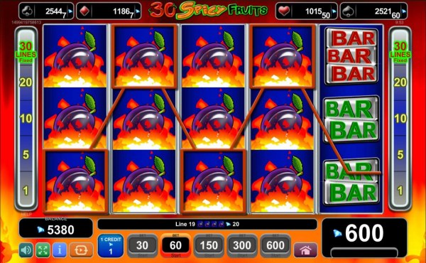 Casino Codes - A 600 coin jackpot triggered by multiple winning combinations of plums.