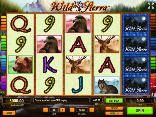 A wild outdoor adventure themed main game board, featuring five reels and 40 paylines with a $10,000 max payout - Casino Codes
