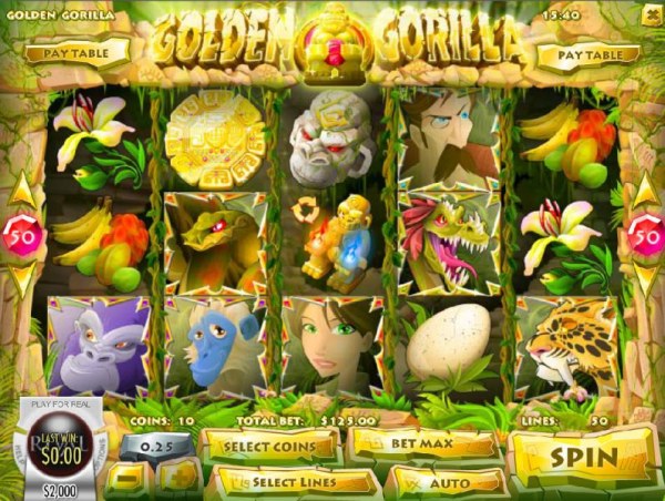 Main game board featuring five reels and 50 paylines with a $12,500 max payout by Casino Codes