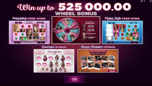 Casino Codes - Win up to $525,000.00 - Game features include, Freindship Free Spins, Wheel Bonus, Flying High Free Spins, Boutique Bonus and Magic Moments Bonus