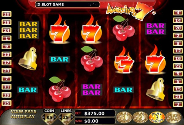 Main game board based on a fruit theme, featuring five reels and 25 paylines with a $500,000 max payout by Casino Codes