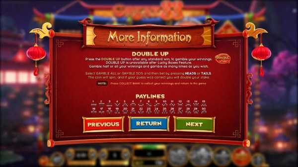 Double Up Feature Rules and Payline Diagrams 1-30. - Casino Codes
