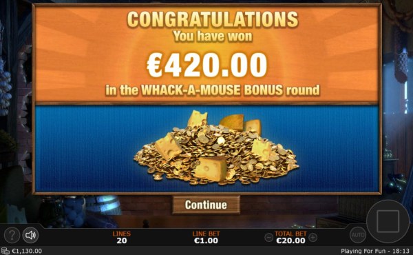 Whack-A-Mouse feature pays out a total of 420.00 by Casino Codes