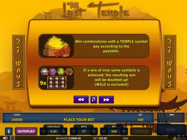 Wild combinations with a temple symbol pay according to the paytable. If a win of nine symbols is achieved, the resulting win will be doubled up! (wild is excluded) by Casino Codes