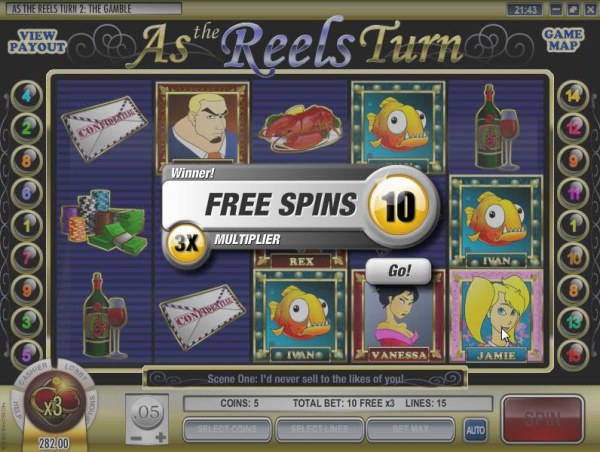 three scatter symbols triggers 10 free spins - Casino Codes