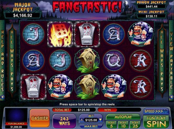 A vampire themed main game board featuring five reels and 243 ways to win with a progressive jackpot max payout by Casino Codes