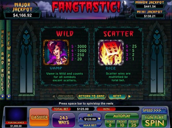 Casino Codes - Vamp Wild and Flaming Dice Scatter symbol rules and pays.