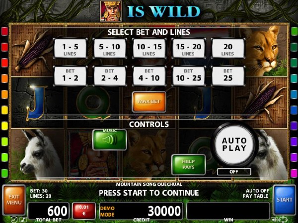 Select Bet and Lines - 1 to 25 Lines and 1 to 20 coins per line. by Casino Codes