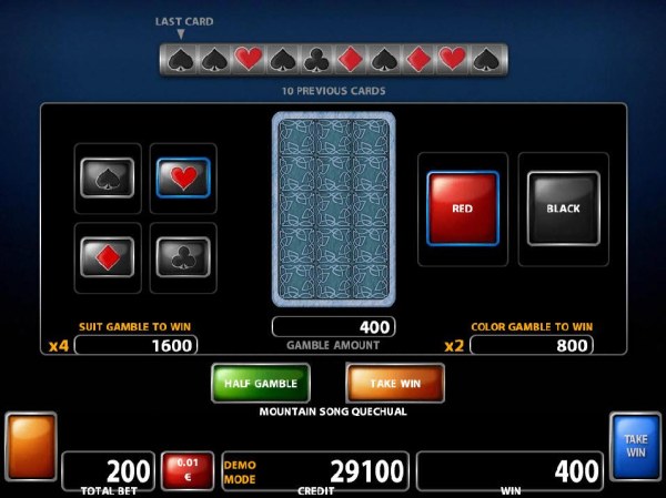 Double Up gamble feature is available after every winning spin. Select the correct color or suit for a chance to double your winnings. by Casino Codes
