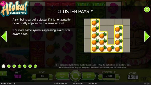 Cluster Pays - A symbol is part of a cluster if it is horizontally or vertically adjacent to the same symbol. 9 or more same symbols appearing in a cluster award a win. by Casino Codes
