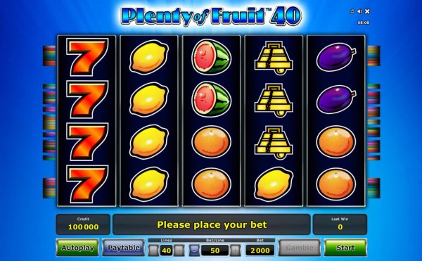 A fruit themed main game board featuring five reels and 40 paylines with a $1,000,000 max payout. - Casino Codes