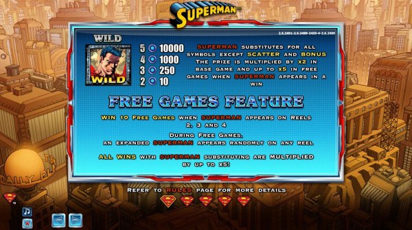 Casino Codes - Wild symbol paytable. Superman substitutes for all symbols except scatter and bonus. The prize is multiplied by x2 in base game and up to to x5 in free games when superman appears in a win.