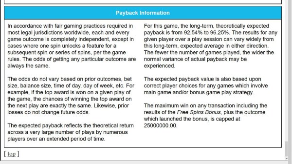 Casino Codes - Payback Information - Theoretical return To Player is from 92.54% to 96.25%. The maximum win on any transaction is capped at 25,000,000.