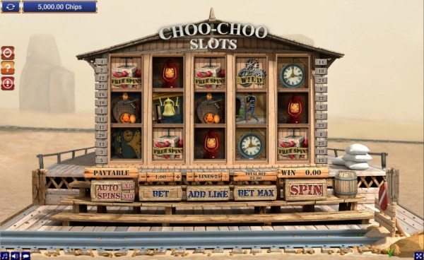 A railroad themed main game board featuring five reels and 25 paylines with a $4,000 max payout by Casino Codes