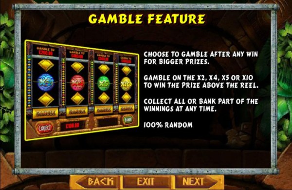 Gamble feature is available after each winning spin. Gamble on the x2, x4, x5 or x10 to win the prize above the reel. Collect all or bank part of the winnings at any time. 100% random. by Casino Codes