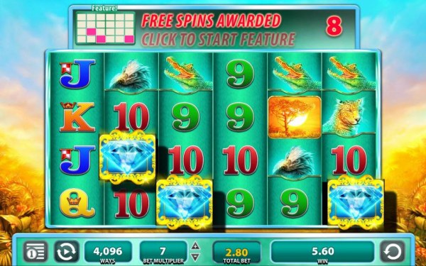 Three feature symbols triggers 8 free spins - Casino Codes