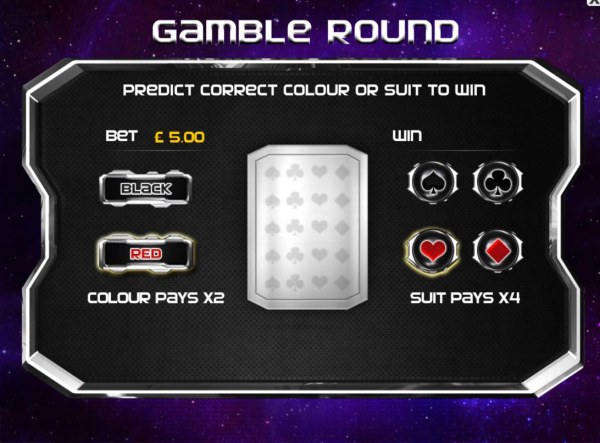 Gamble feature game baord. Select the correct color or suit of the next card to be revealed for a chance to increase your winnings. by Casino Codes