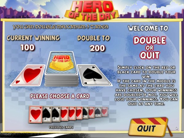 Double or Quit - Simply click on RED or BLACK card to double your winnings. - Casino Codes