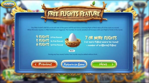 Free Flights Feature - The meter on the left side of the game will fill each time a winning flight of birds takes off of the reels in a round. When meter reaches 4, free rounds are triggered. by Casino Codes