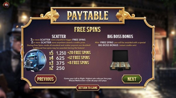 Casino Codes - Three or more scatter icons anywhere trigger Free Spins. After Free Spins you will be awarded with a special Big Boss Bonus instant credits win.