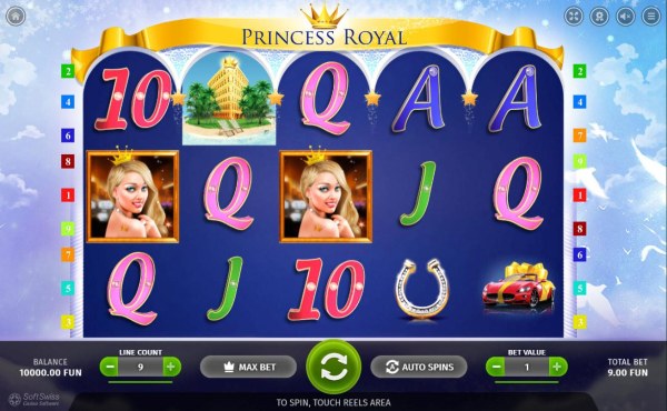 Main game board featuring five reels and 9 paylines with a $10,000 max payout. by Casino Codes
