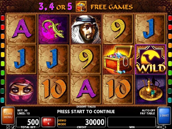 A Middle Eatern themed main game board featuring five reels and 10 paylines with a $500,000 max payout by Casino Codes