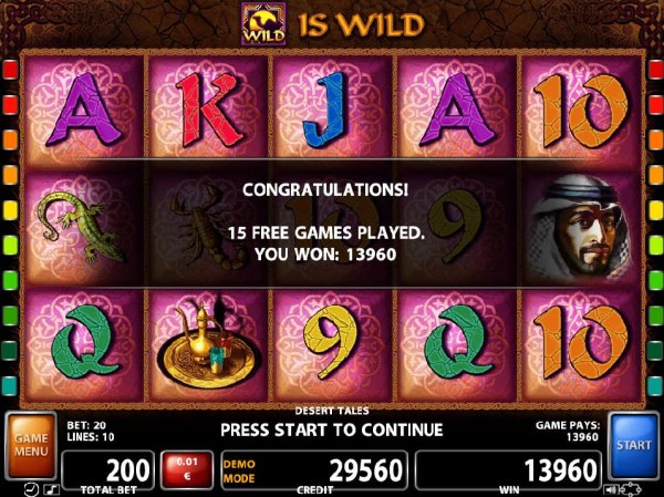After playing 15 free games, total payout 13960 credits. - Casino Codes
