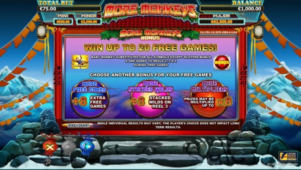 Casino Codes - Win up to 20 free games! Baby monkey substitutes for all symbols except scatter bonus and are added to reels 2, 3 and 4 during free games.