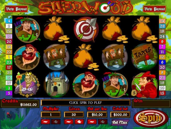 Casino Codes - Main game board featuring five reels and 30 paylines with a Jackpot max payout
