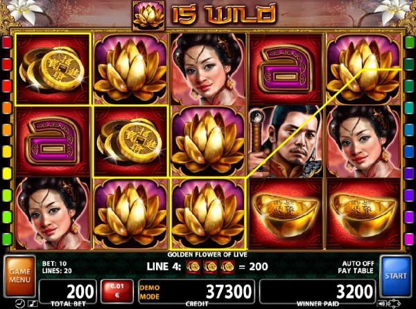 Casino Codes - Multiple winning paylines triggered by gold lotus flower wild symbol