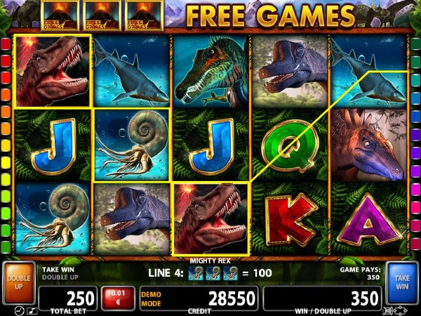 A pair of T-rex wild symbols triggers multiple winning paylines. by Casino Codes