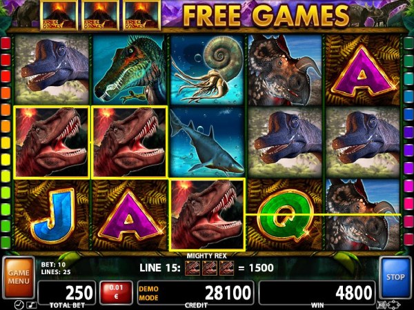 T-rex wild symbols trigger multiple winning combinations leading to a 4800 coin jackpot. by Casino Codes
