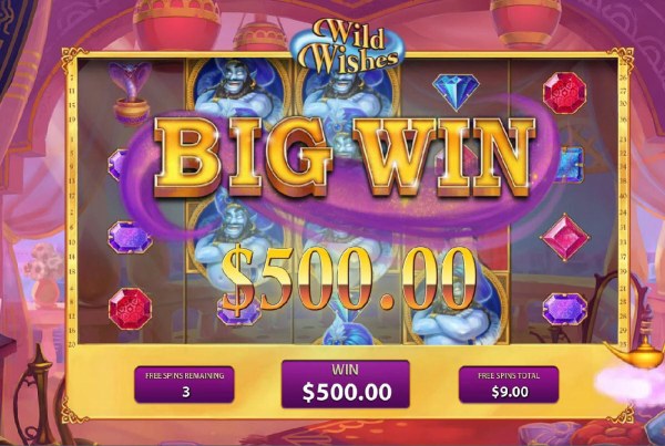 Casino Codes - A 500.00 big win is triggered by the Magical Lamp Feature during the free games feature.