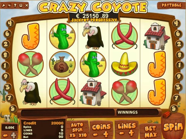 A Mexican themed main game board featuring five reels and 9 paylines with a progressive jackpot max payout by Casino Codes