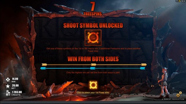 Upon entering the legendary dragon cave, the shoot symbol is unlocked. Get one of these symbols on the first or 5th reel to win 3 freespins and to place another fixed wild. Win from both sides is active during freespins. by Casino Codes