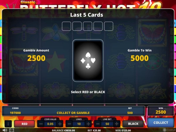 Casino Codes - Gamble feature game board is optional and available after every winning spin. Select Red or Black or Collect your win.