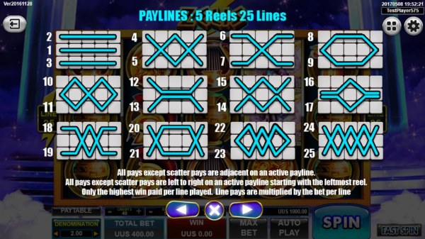 Payline Diagrams 1-25. All pays except scatter pays are adjacent on an active payline. All pays except scatter pays are left to right on an active payline starting with the leftmost reel. Only the highest win paid per line played. by Casino Codes