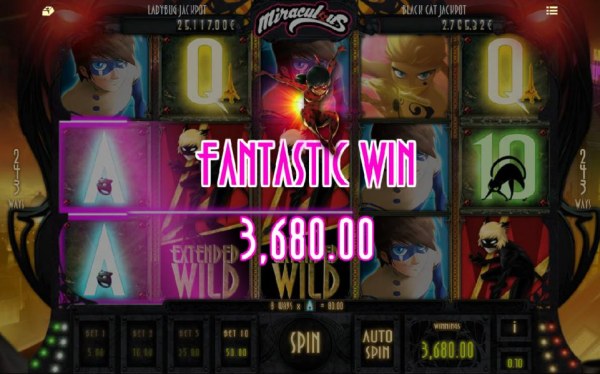 A fanyastic win is triggered by a pair of extended wilds for $3,680 payout - Casino Codes