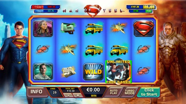 The colliding of the Superman wild and General Zod wild symbols triggers the Battle for Earth unlimited free games feature. - Casino Codes