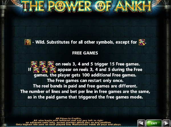 3, 4 or 5 Ankh Cross scatter icons trigger 15 free games. - Casino Codes
