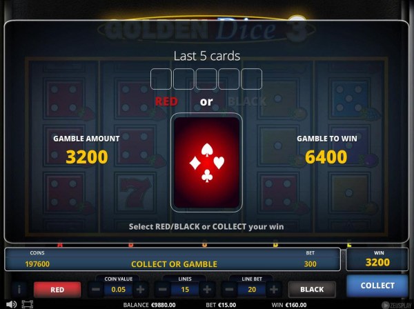 Gamble Feature Rules - The feature is available after each winning spin. Last win amount becomes your stake in the Gamble game. Your goal is to guess the color or suit of the next card. by Casino Codes