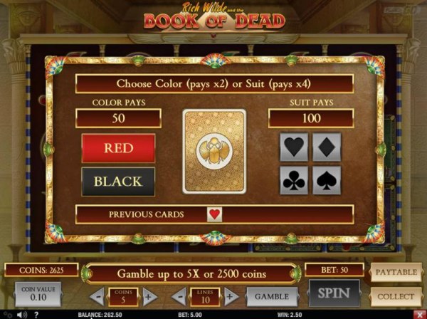 Gamble feature game board is available after every winning spin. For a chance to increase your winnings, select the correct color or suit of the next card or take win. - Casino Codes