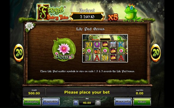 Casino Codes - Lily Pad Bonus - Three Lily Pad scatter symbols in view on reels 1, 3 and 5 awards the Lily Pad Bonus.