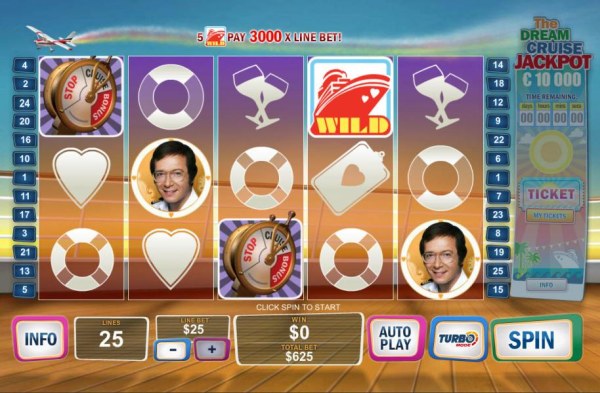 Main game board featuring five reels and 25 paylines with a jackpot max payout - Casino Codes